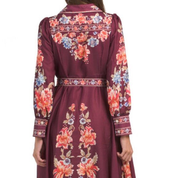 NWT$250 Dalia MacPhee Long Sleeve Maxi Belted Burgundy Floral Shirt Dress LARGE - Picture 7 of 12